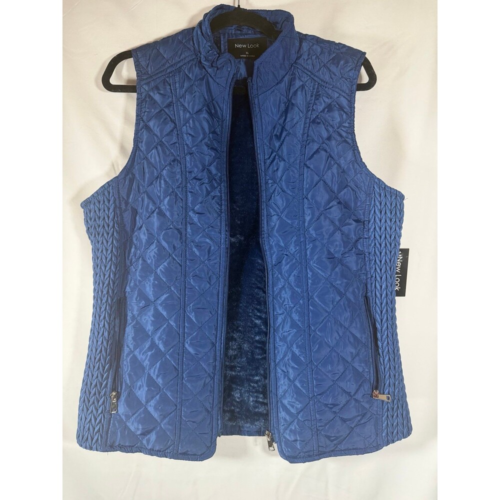 New Look Quilted Zip Blue Mid-Length Sleeveless Vest Pockets XL Regular